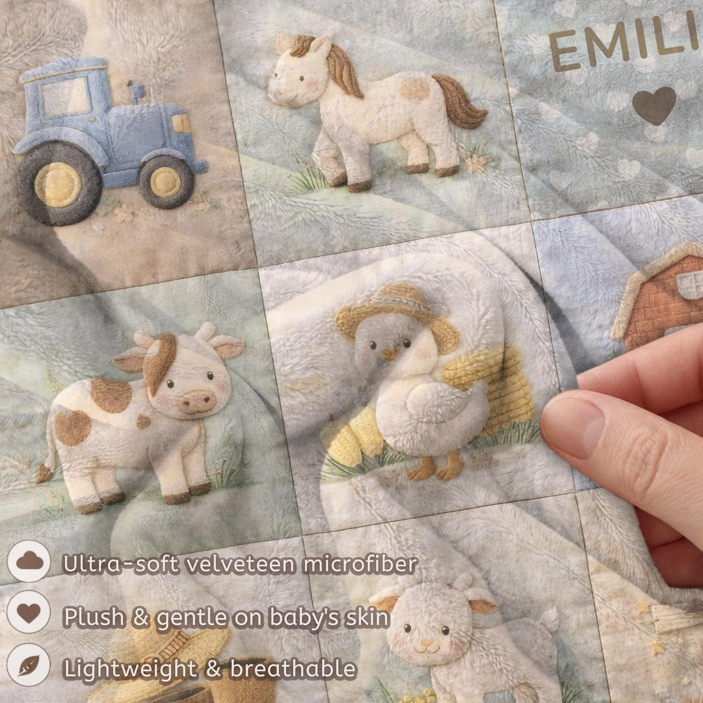 Personalized patchwork look baby blanket with farm quilt design in soft neutral colors. A cozy newborn blanket and timeless boutique baby gift.
