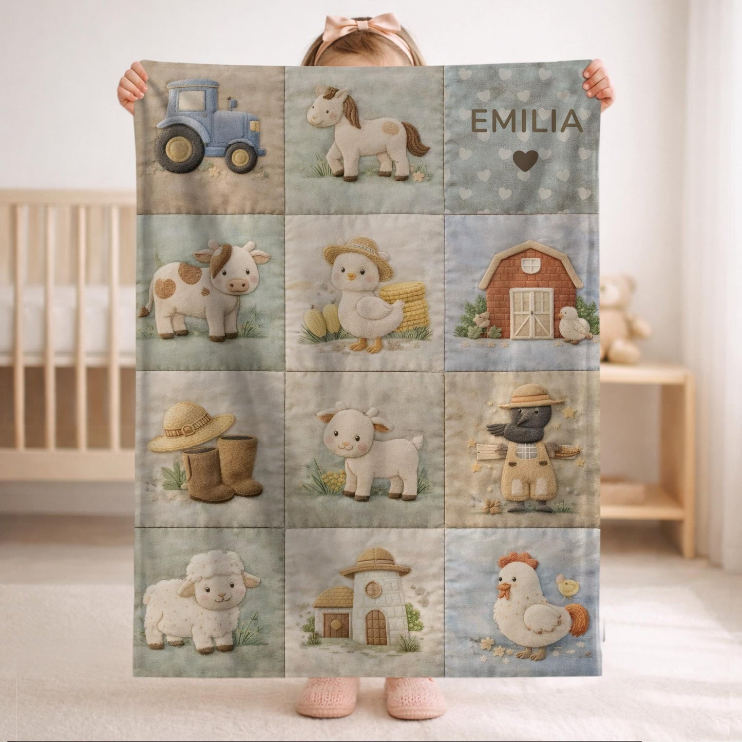 Personalized patchwork look baby blanket with farm quilt design in soft neutral colors. A cozy newborn blanket and timeless boutique baby gift.