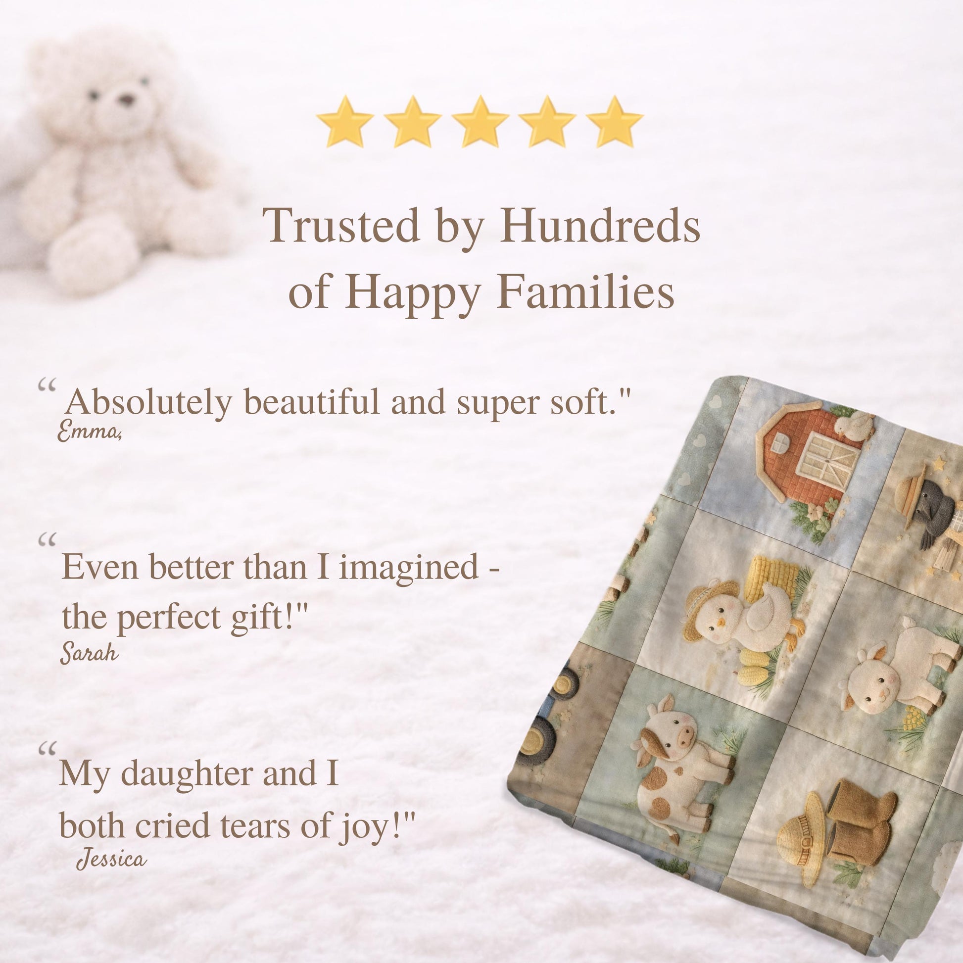 Personalized patchwork look baby blanket with farm quilt design in soft neutral colors. A cozy newborn blanket and timeless boutique baby gift.