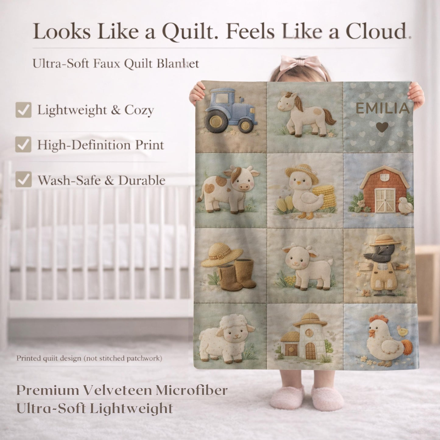 Personalized patchwork look baby blanket with farm quilt design in soft neutral colors. A cozy newborn blanket and timeless boutique baby gift.