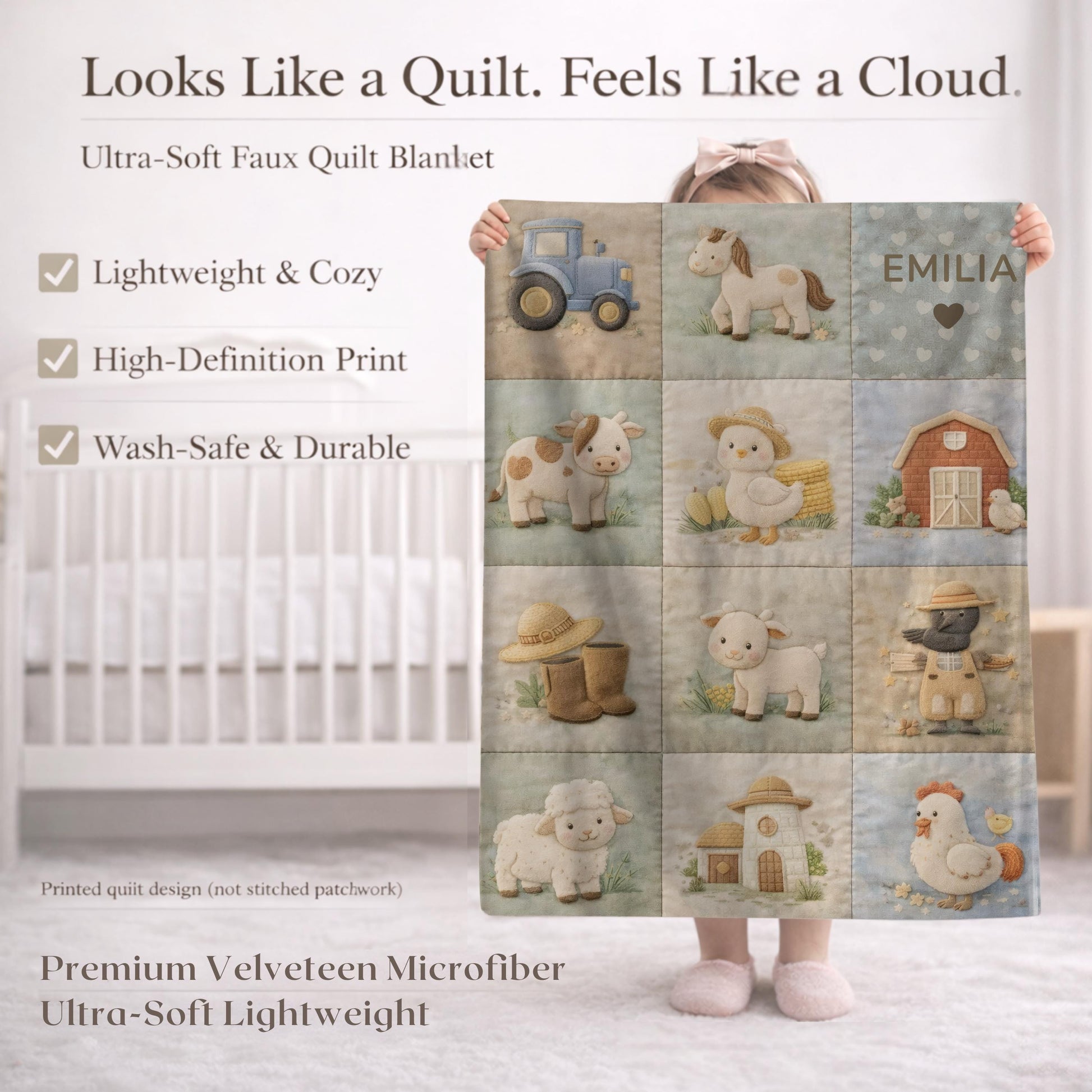 Personalized patchwork look baby blanket with farm quilt design in soft neutral colors. A cozy newborn blanket and timeless boutique baby gift.