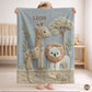 Personalized Safari baby blanket with name - embroidered look details in soft neutral colors. A cozy newborn blanket and timeless boutique baby gift.