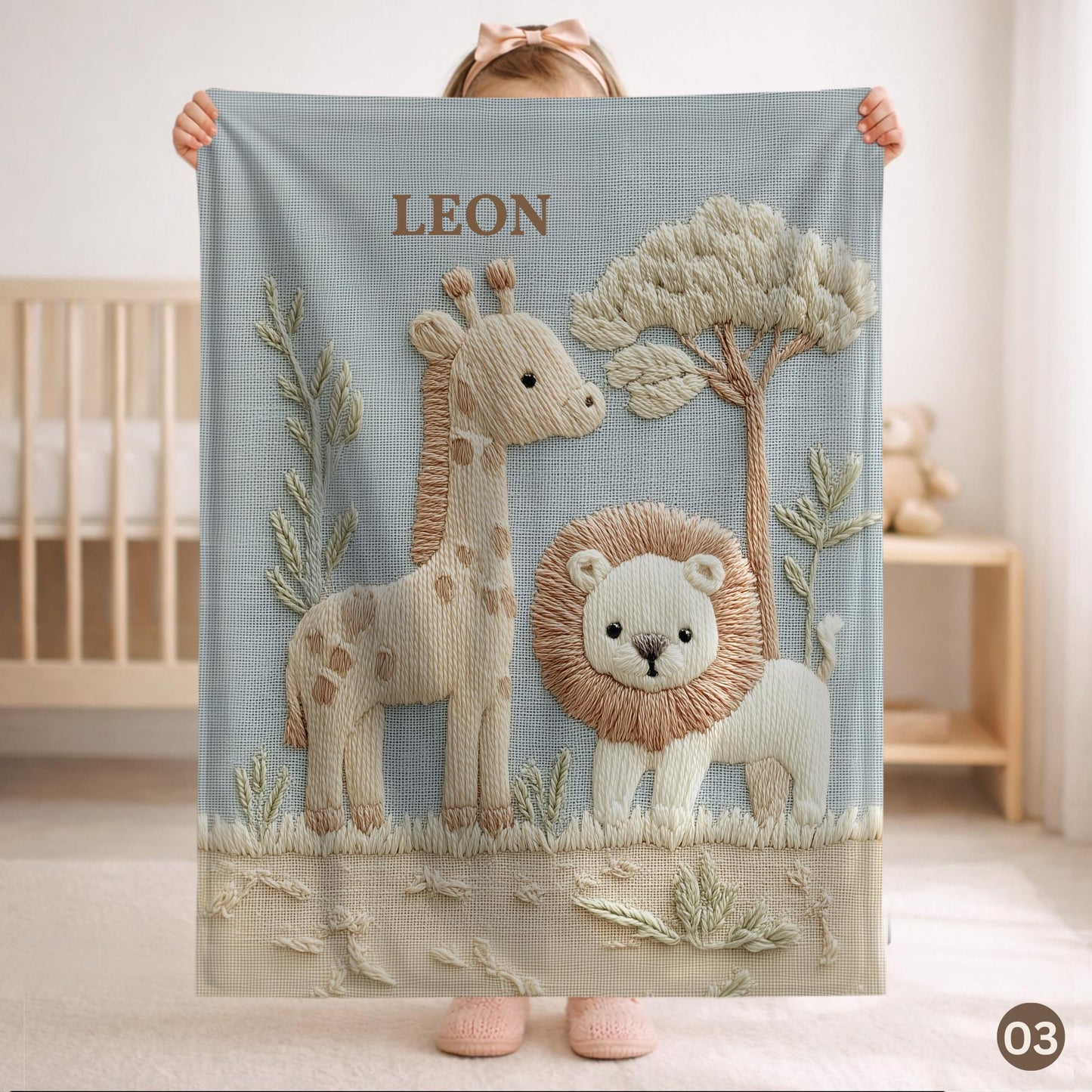 Personalized Safari baby blanket with name - embroidered look details in soft neutral colors. A cozy newborn blanket and timeless boutique baby gift.