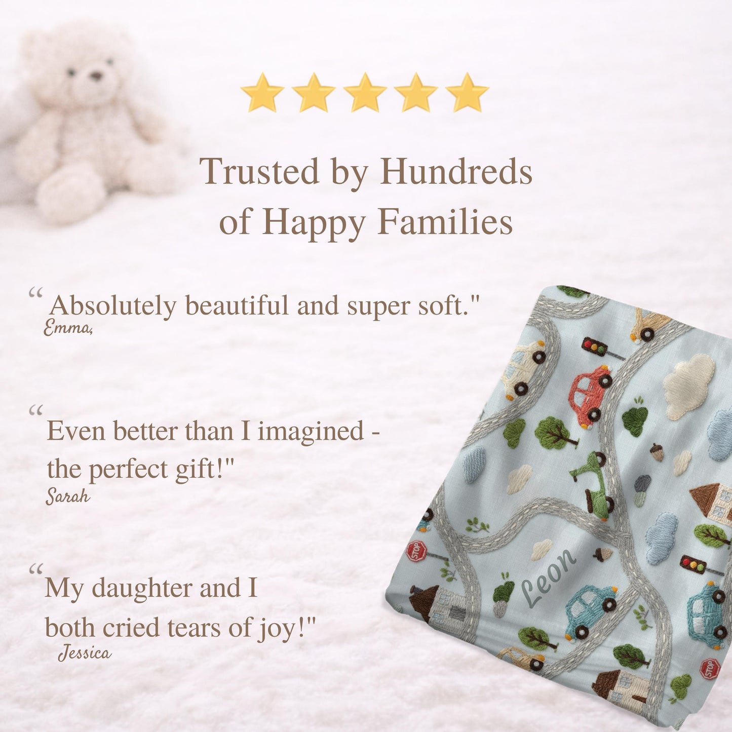 Personalized embroidered look baby blanket with stitched cars and winding streets. Soft vehicle themed nursery decor and unique baby gift.