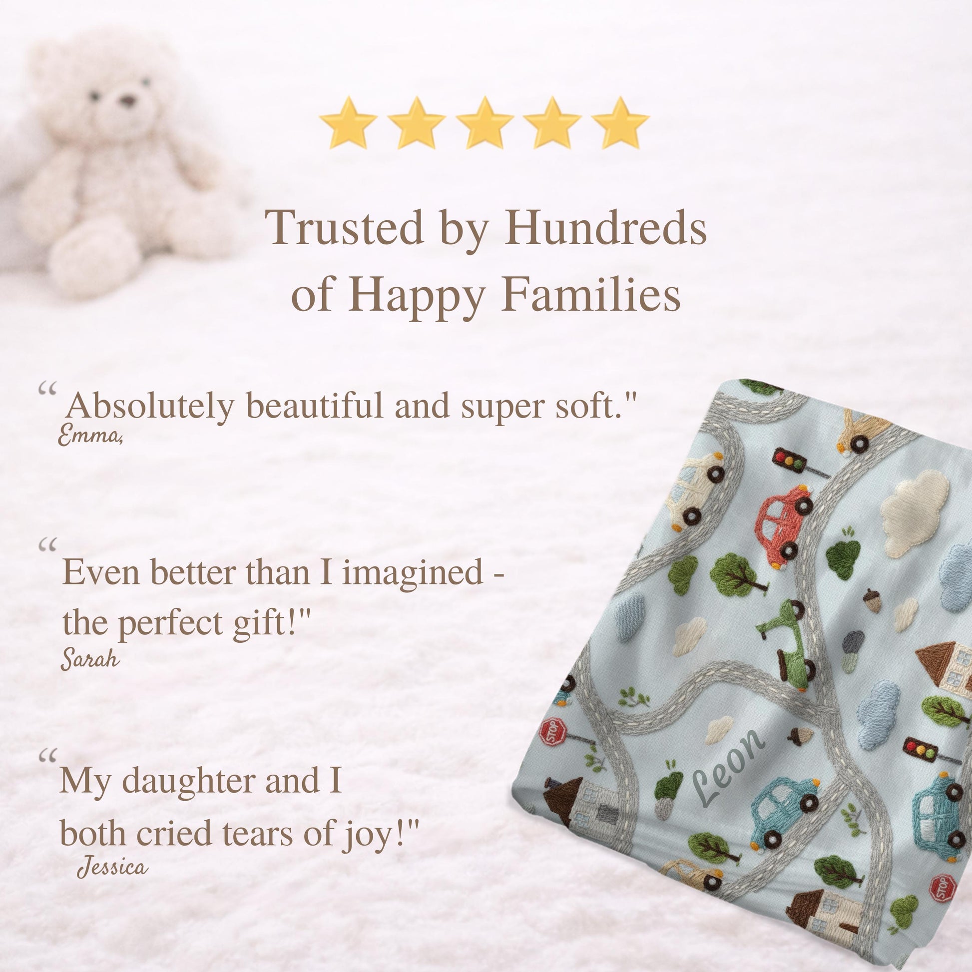 Personalized embroidered look baby blanket with stitched cars and winding streets. Soft vehicle themed nursery decor and unique baby gift.