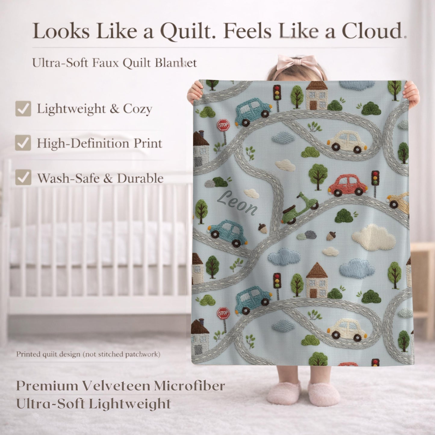 Personalized embroidered look baby blanket with stitched cars and winding streets. Soft vehicle themed nursery decor and unique baby gift.