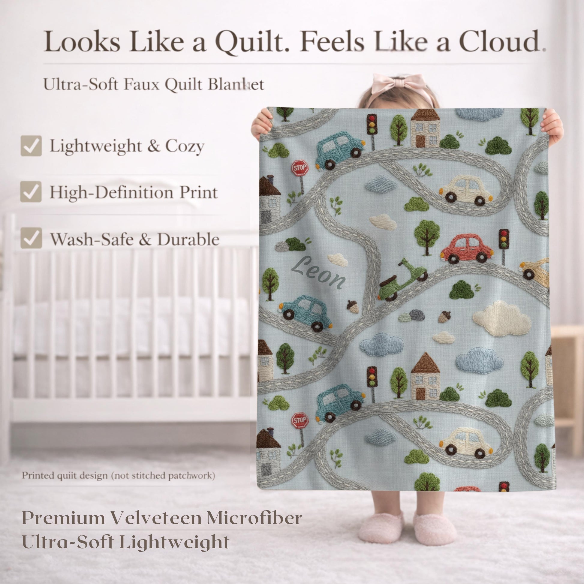 Personalized embroidered look baby blanket with stitched cars and winding streets. Soft vehicle themed nursery decor and unique baby gift.