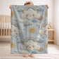 Personalized baby blanket in stitched look with dreamy clouds and rainbow. Soft neutral nursery decor and unique baby shower gift.