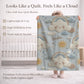Personalized baby blanket in stitched look with dreamy clouds and rainbow. Soft neutral nursery decor and unique baby shower gift.
