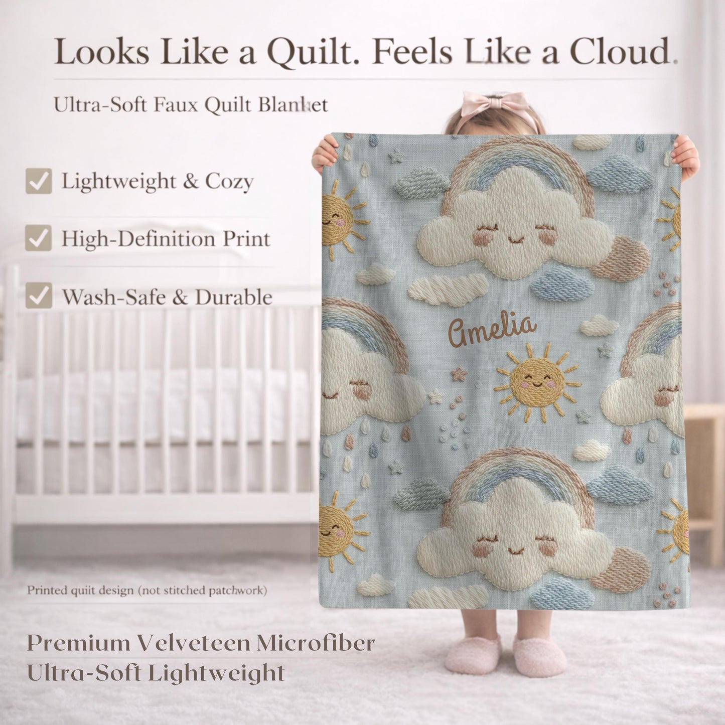 Personalized baby blanket in stitched look with dreamy clouds and rainbow. Soft neutral nursery decor and unique baby shower gift.