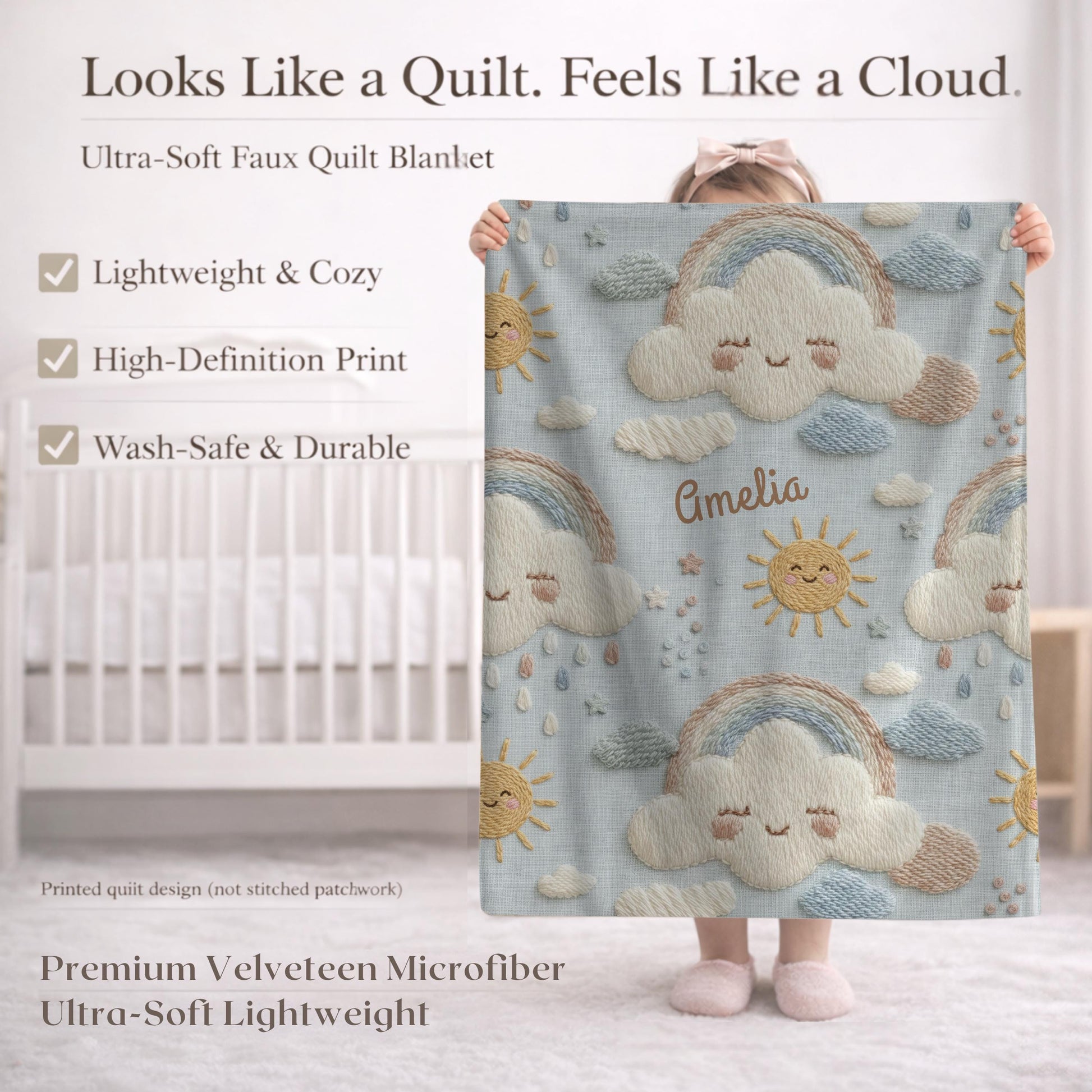 Personalized baby blanket in stitched look with dreamy clouds and rainbow. Soft neutral nursery decor and unique baby shower gift.