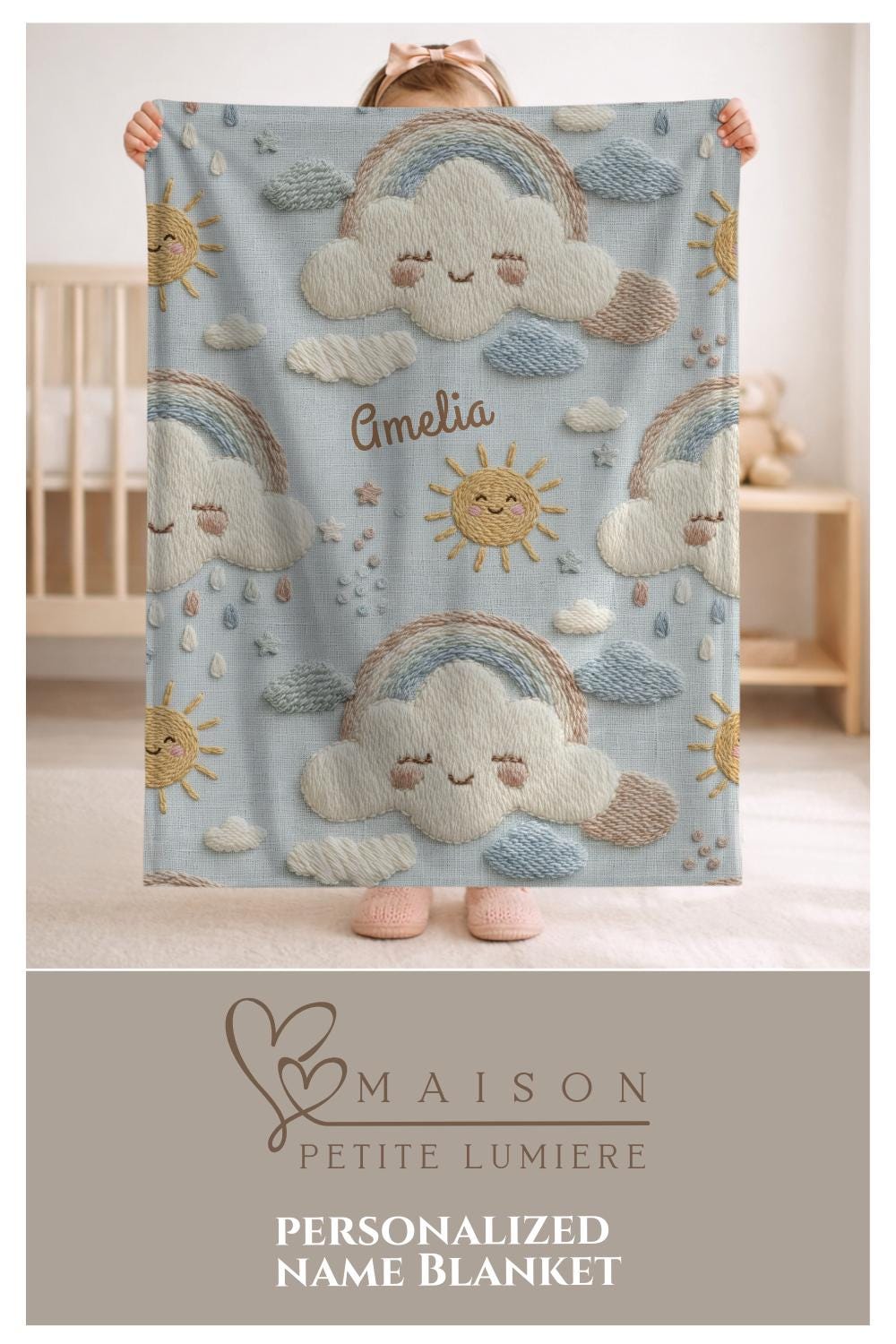 Personalized baby blanket in stitched look with dreamy clouds and rainbow. Soft neutral nursery decor and unique baby shower gift.