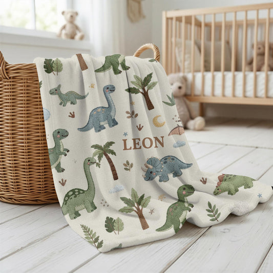 Personalized Dinosaur Baby Blanket with Name • Embroidered Look Dino Nursery • Neutral Kids Blanket • T-Rex Gift