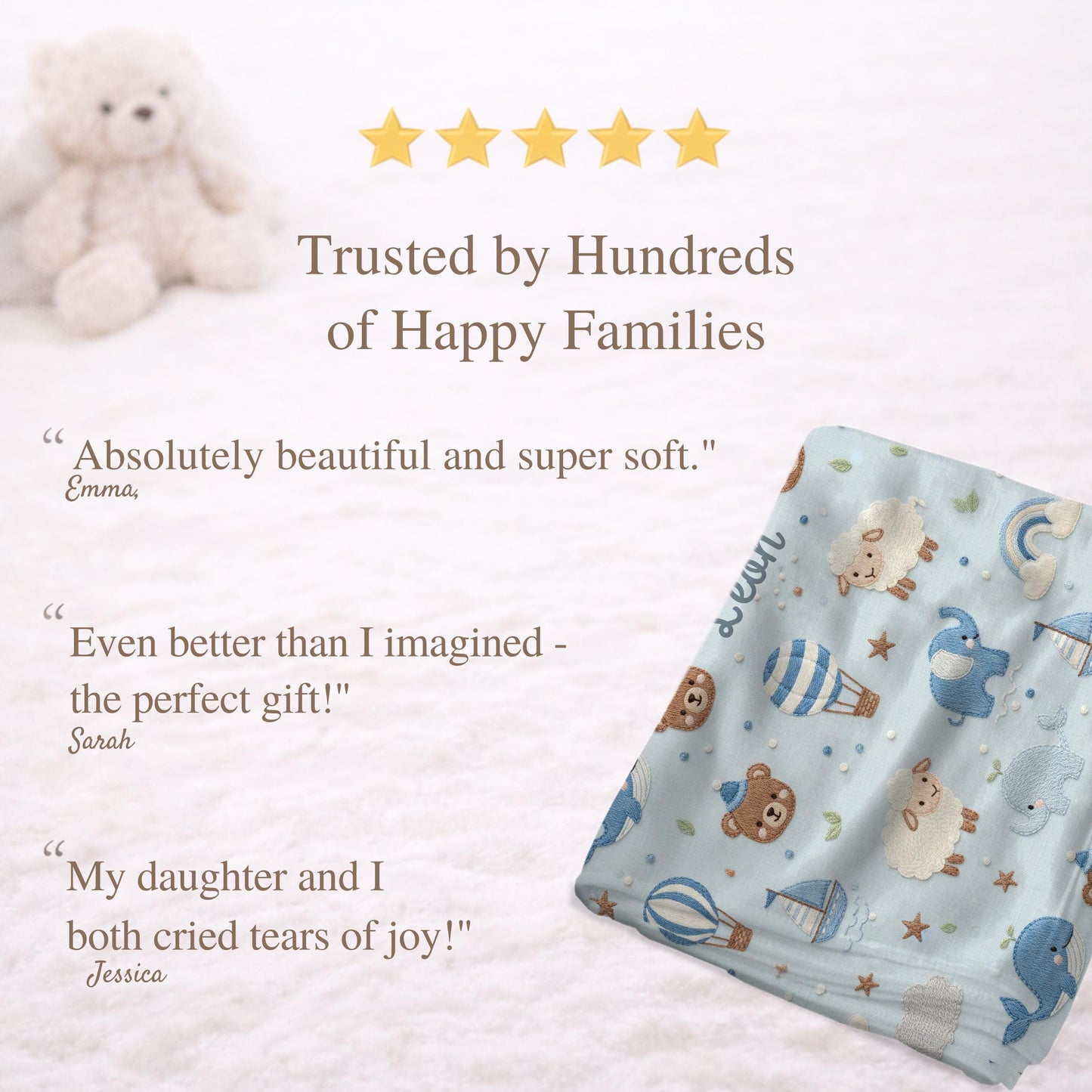 Personalized baby blanket with name in embroidery look. Sweet animals, hot air balloon & boat in calm earth tones – soft velveteen for nurseries.