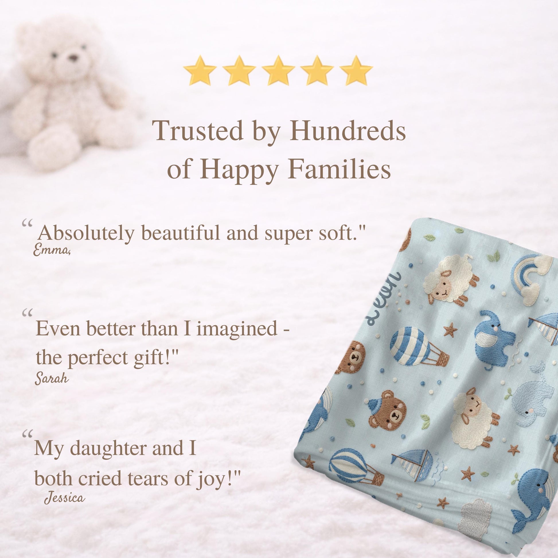 Personalized baby blanket with name in embroidery look. Sweet animals, hot air balloon & boat in calm earth tones – soft velveteen for nurseries.