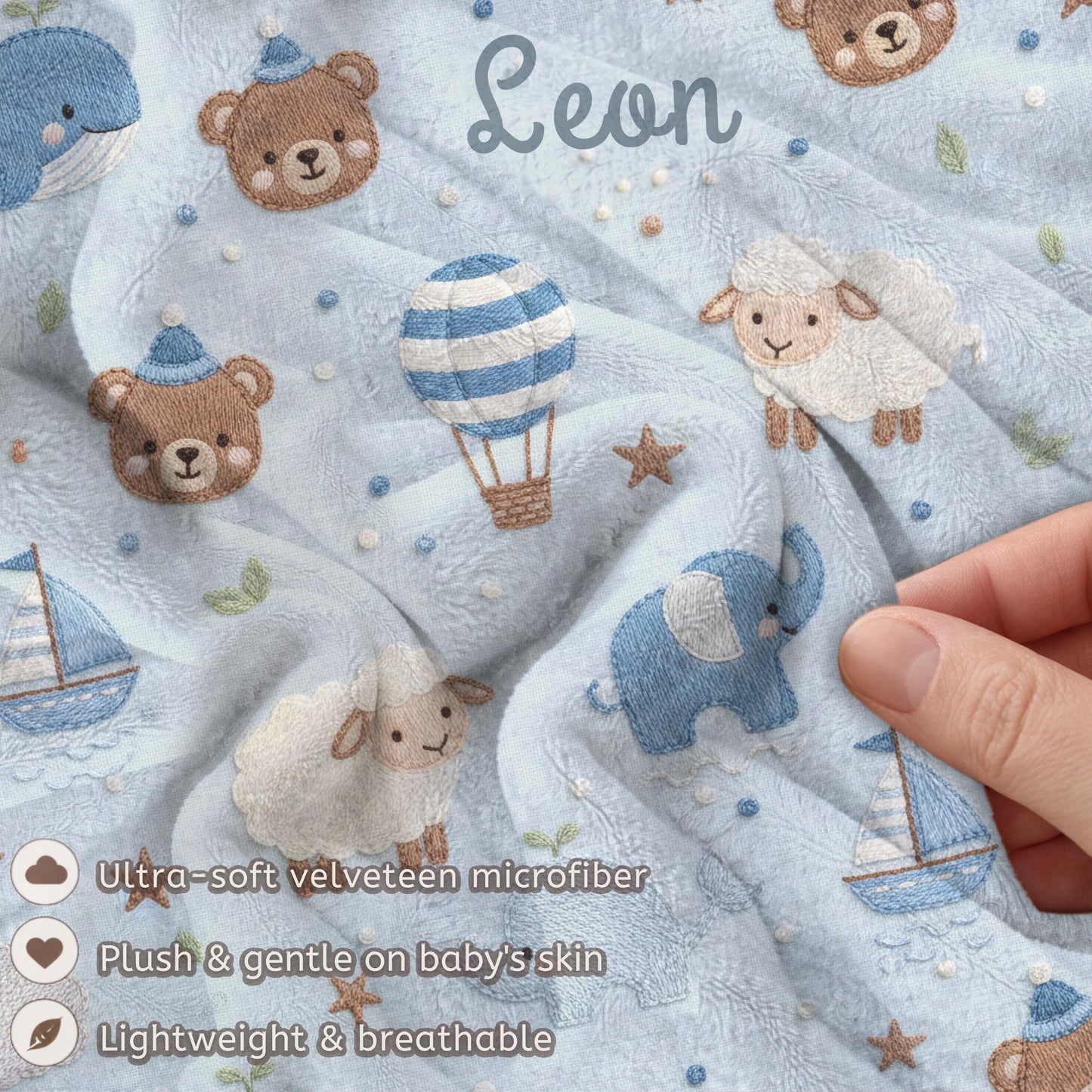 Personalized baby blanket with name in embroidery look. Sweet animals, hot air balloon & boat in calm earth tones – soft velveteen for nurseries.