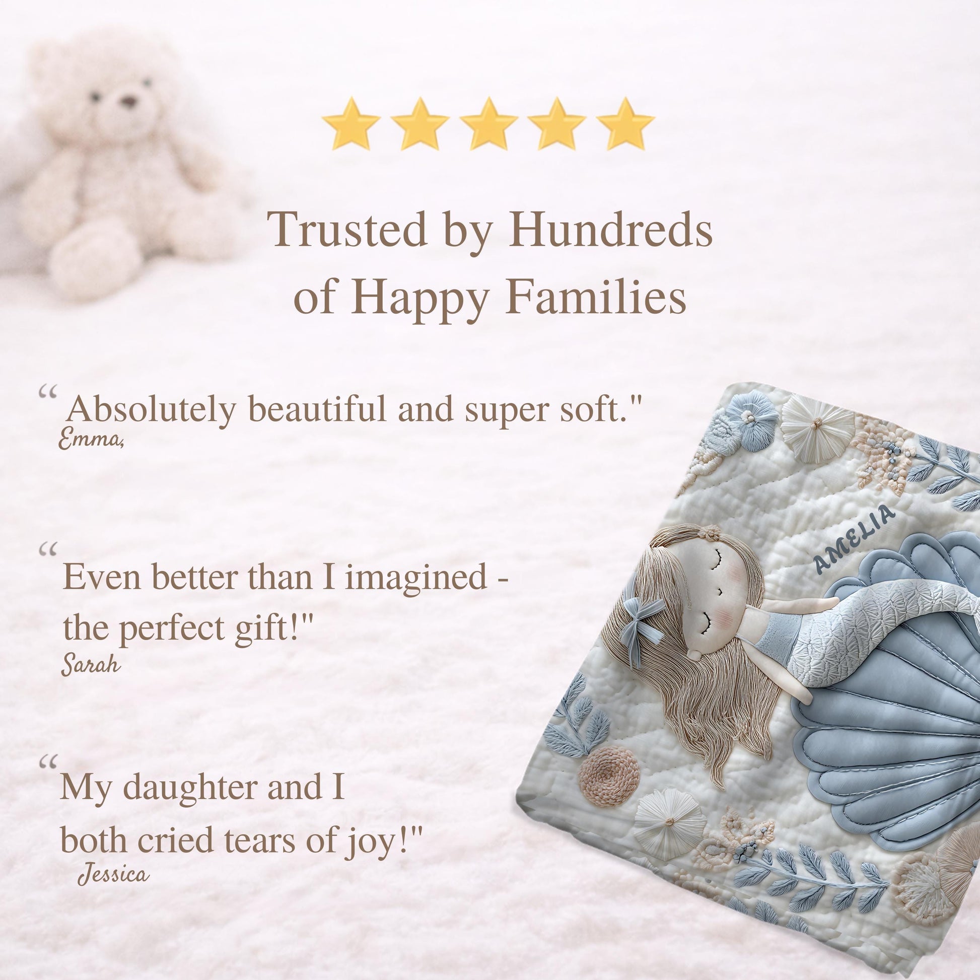 Soft embroidered-look mermaid baby blanket with a calm mermaid seashell design and pastel florals. Neutral tones, cozy fabric — a boutique newborn gift for serene, modern nursery decor.