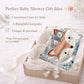 Embroidered-look fox baby blanket with soft floral crown and gentle blue–peach stitched details on a neutral background.