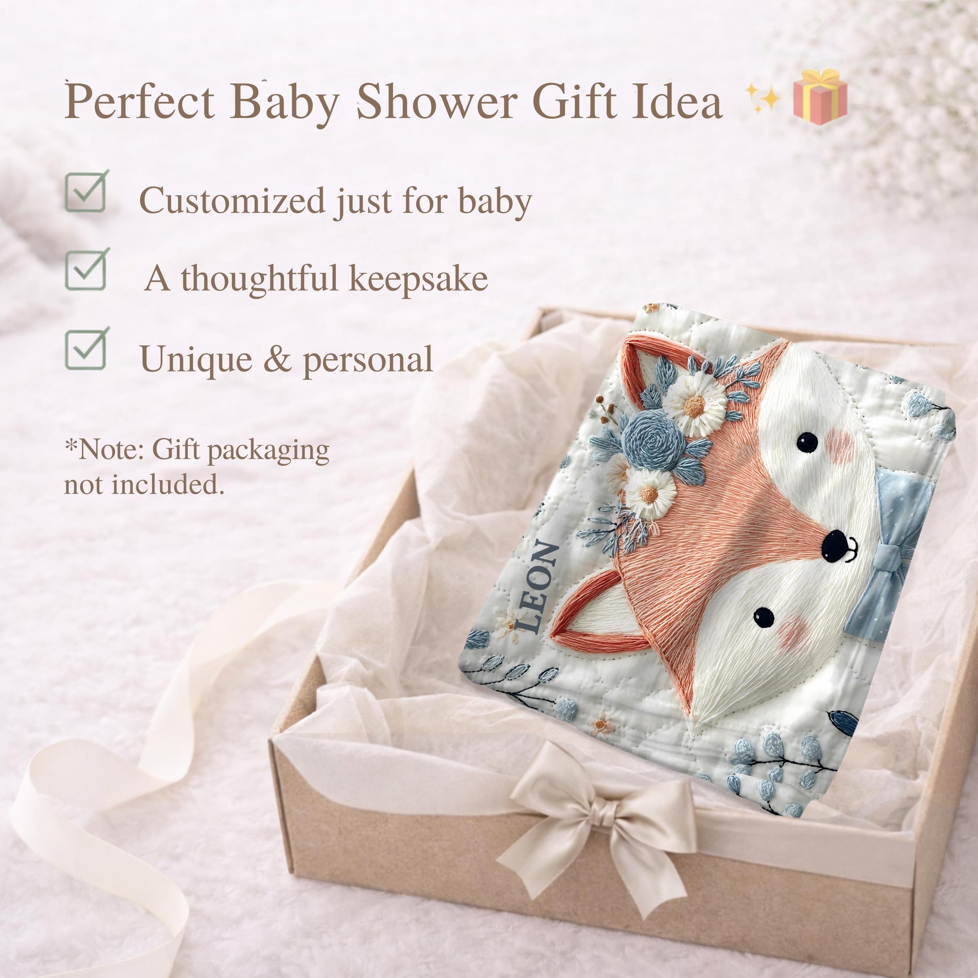 Embroidered-look fox baby blanket with soft floral crown and gentle blue–peach stitched details on a neutral background.