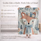 Embroidered-look fox baby blanket with soft floral crown and gentle blue–peach stitched details on a neutral background.