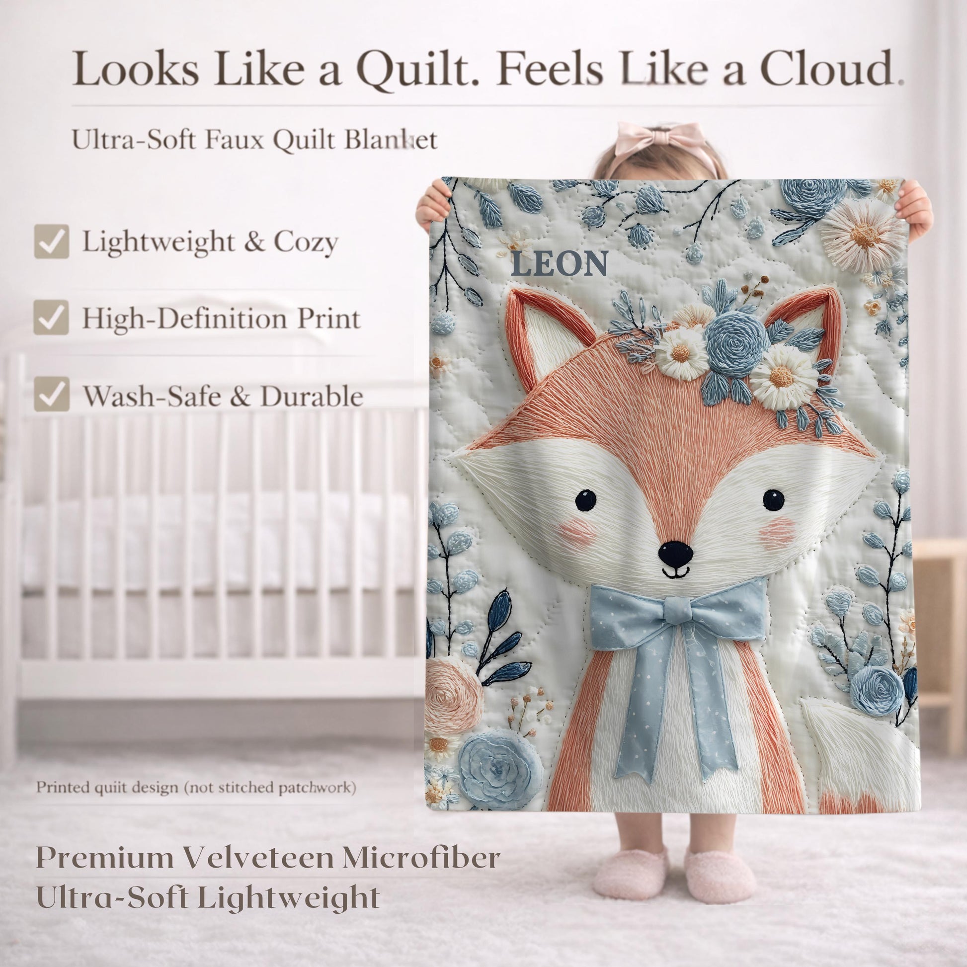 Embroidered-look fox baby blanket with soft floral crown and gentle blue–peach stitched details on a neutral background.