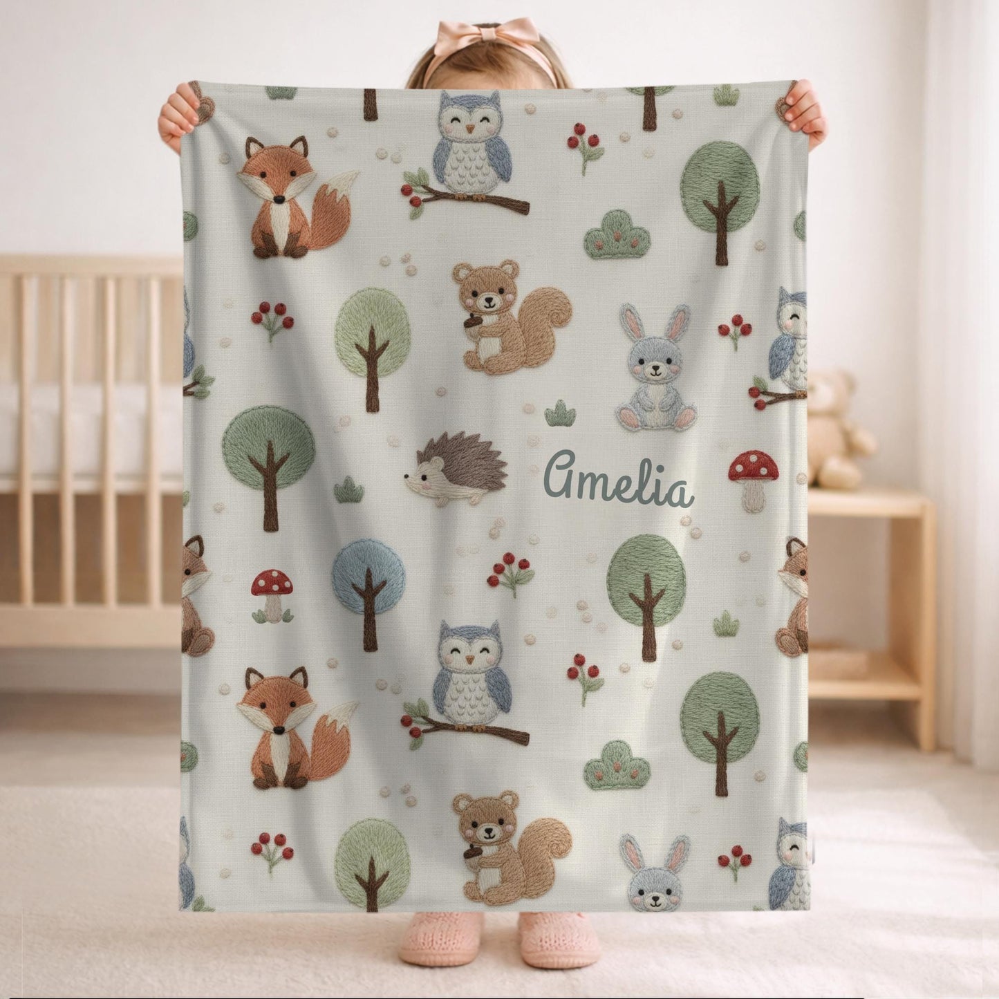Personalized Woodland Baby Blanket with Name • Forest Animals Embroidered Look • Neutral Nursery Decor • Fox Owl Bunny Gift