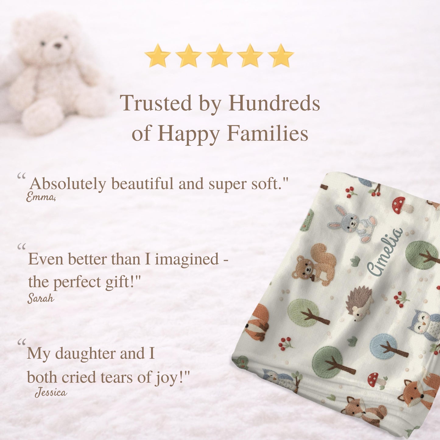 Personalized Woodland Baby Blanket with Name • Forest Animals Embroidered Look • Neutral Nursery Decor • Fox Owl Bunny Gift