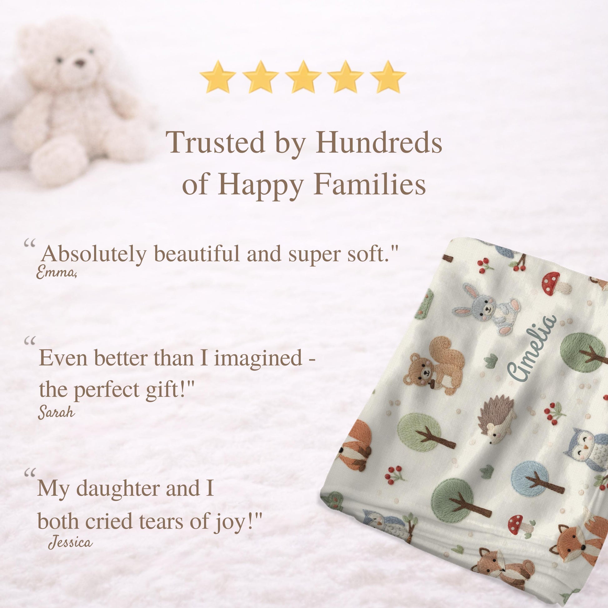 Personalized Woodland Baby Blanket with Name • Forest Animals Embroidered Look • Neutral Nursery Decor • Fox Owl Bunny Gift