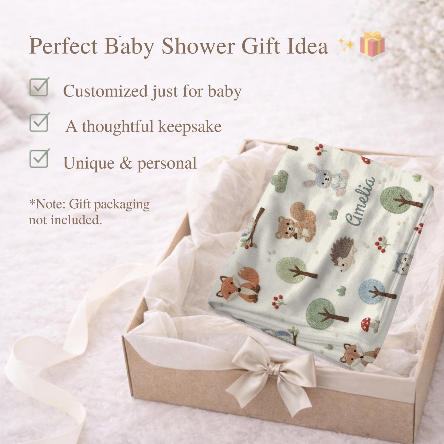 Personalized Woodland Baby Blanket with Name • Forest Animals Embroidered Look • Neutral Nursery Decor • Fox Owl Bunny Gift