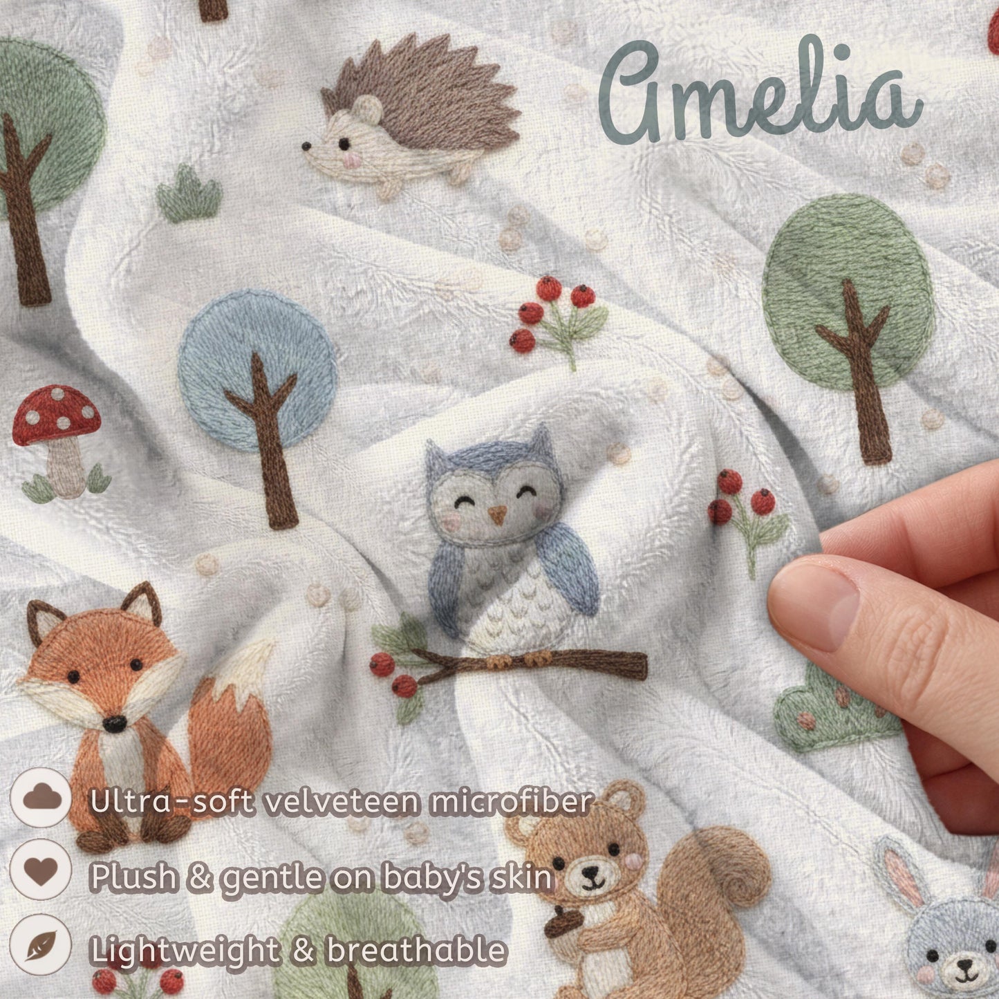 Personalized Woodland Baby Blanket with Name • Forest Animals Embroidered Look • Neutral Nursery Decor • Fox Owl Bunny Gift