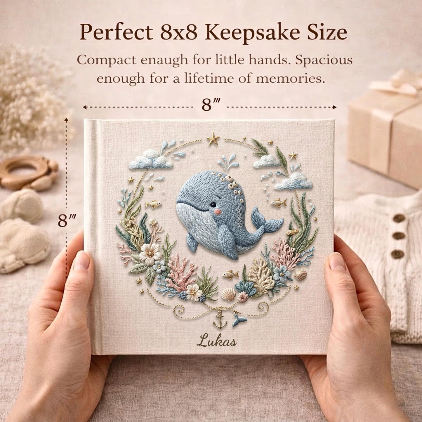 Personalized ocean themed whale baby album 8x8 with custom name. A calm nautical nursery memory book and timeless newborn keepsake.