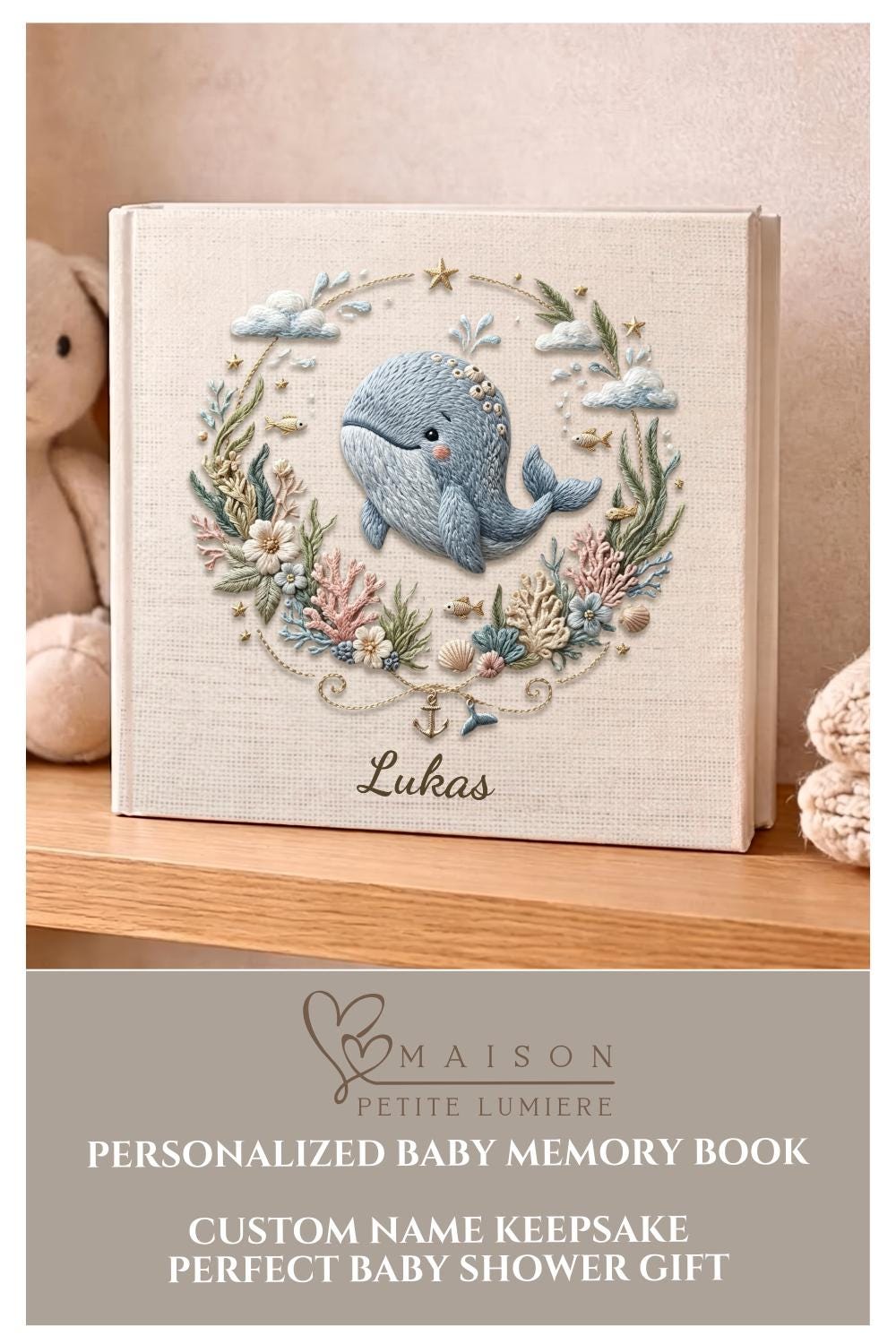 Personalized ocean themed whale baby album 8x8 with custom name. A calm nautical nursery memory book and timeless newborn keepsake.