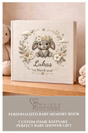 Personalized bunny baby album with floral crown and custom name. A soft neutral nursery memory book and timeless newborn keepsake.