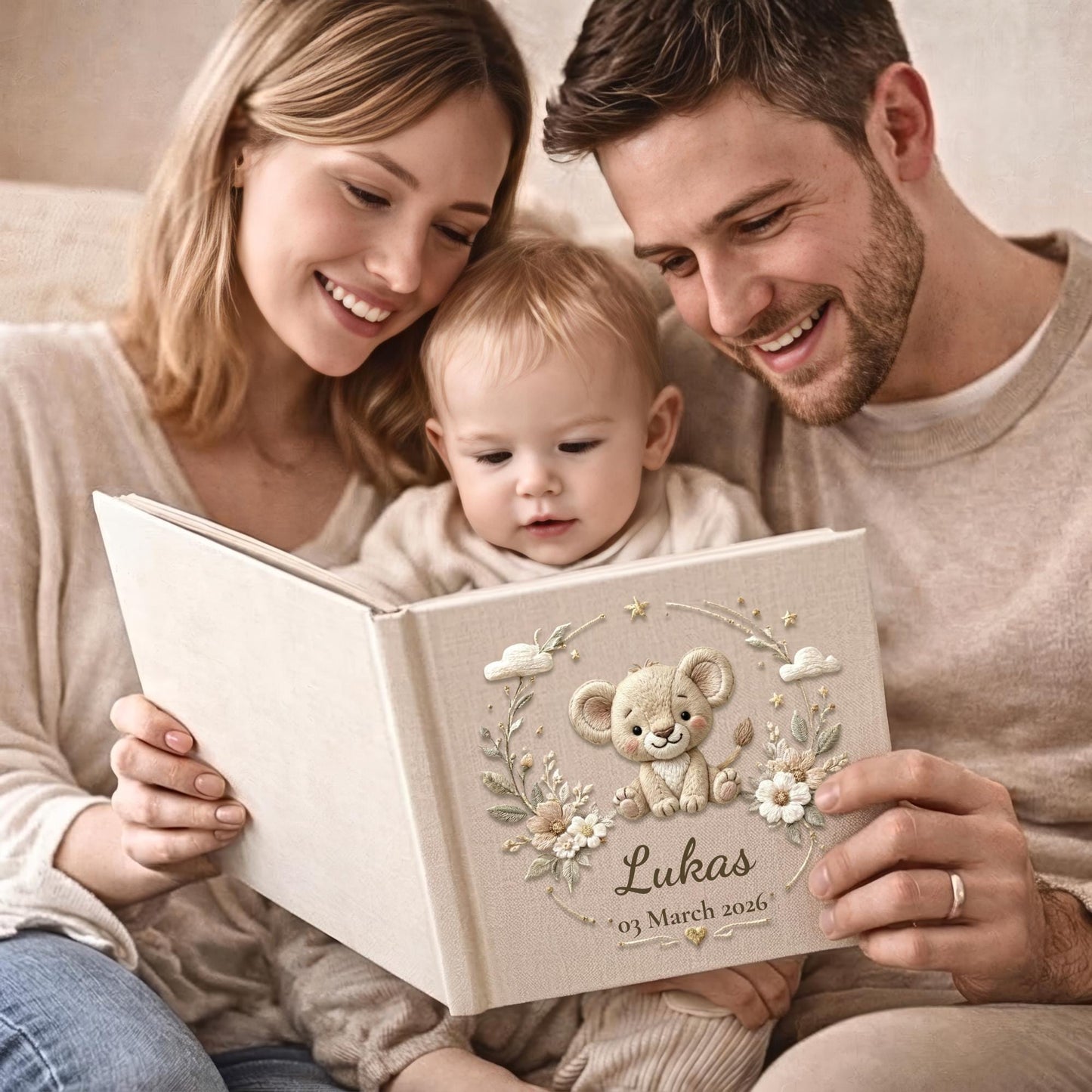 Personalized safari lion baby album with custom name and date. A warm jungle nursery memory book and newborn keepsake.