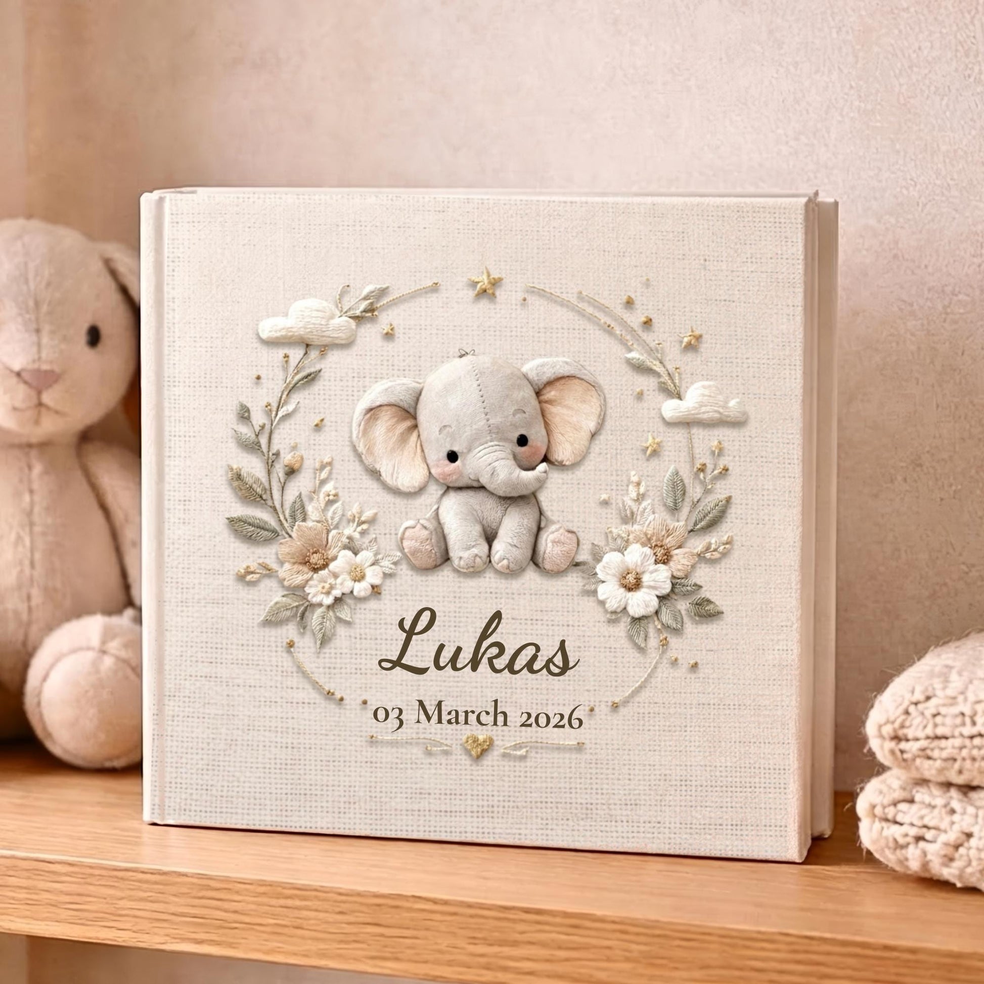 Personalized floral elephant baby album 8x8 with custom name and date. A neutral nursery memory book and timeless newborn keepsake gift.