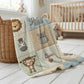 Personalized jungle baby blanket with name in embroidered quilt look. Monkey & parrot design for neutral safari nursery decor and unique baby gift.
