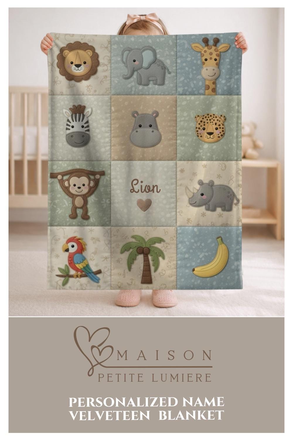 Personalized jungle baby blanket with name in embroidered quilt look. Monkey & parrot design for neutral safari nursery decor and unique baby gift.