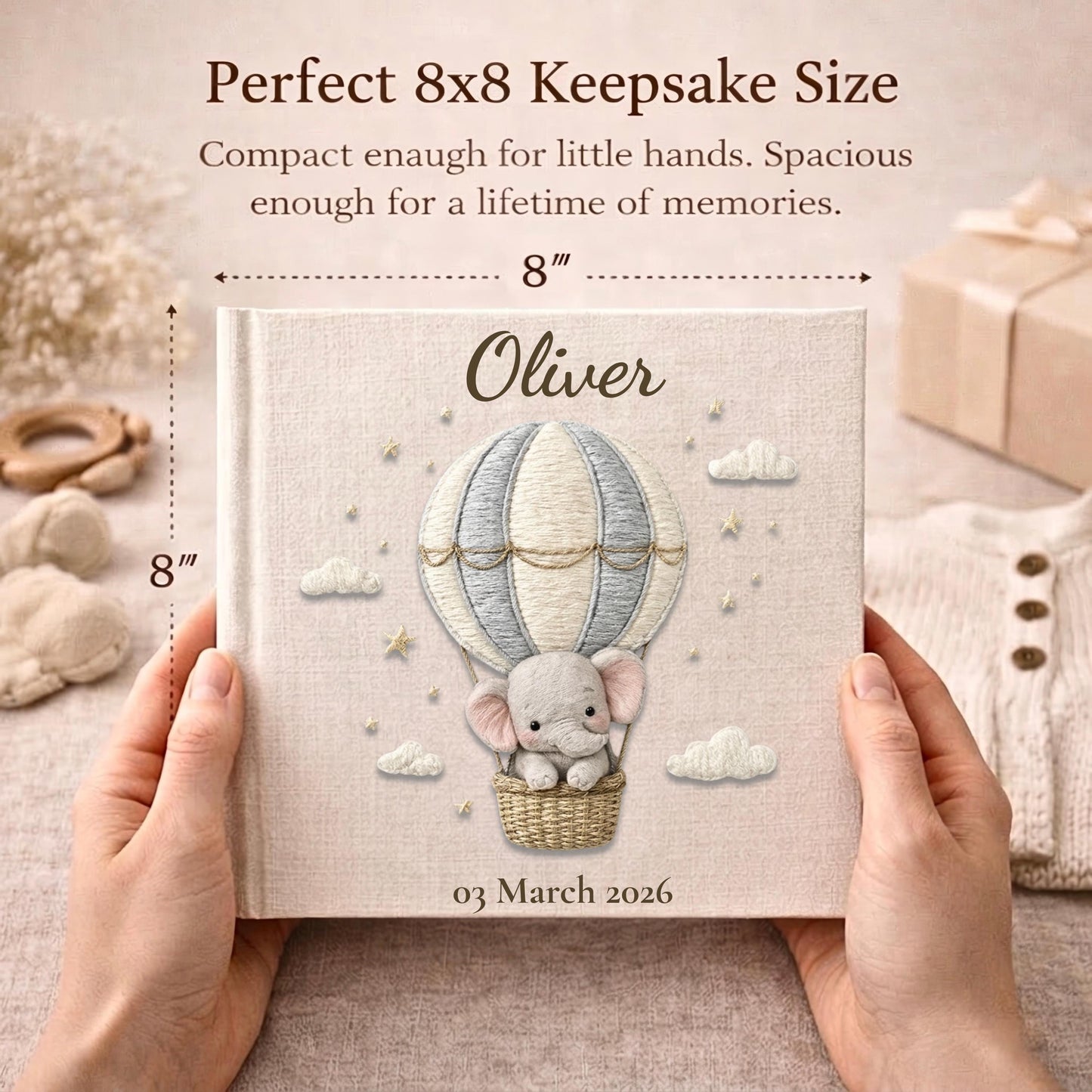 Personalized elephant baby memory album with hot air balloon design, custom name and optional birth date. A neutral nursery keepsake and timeless newborn photo book.