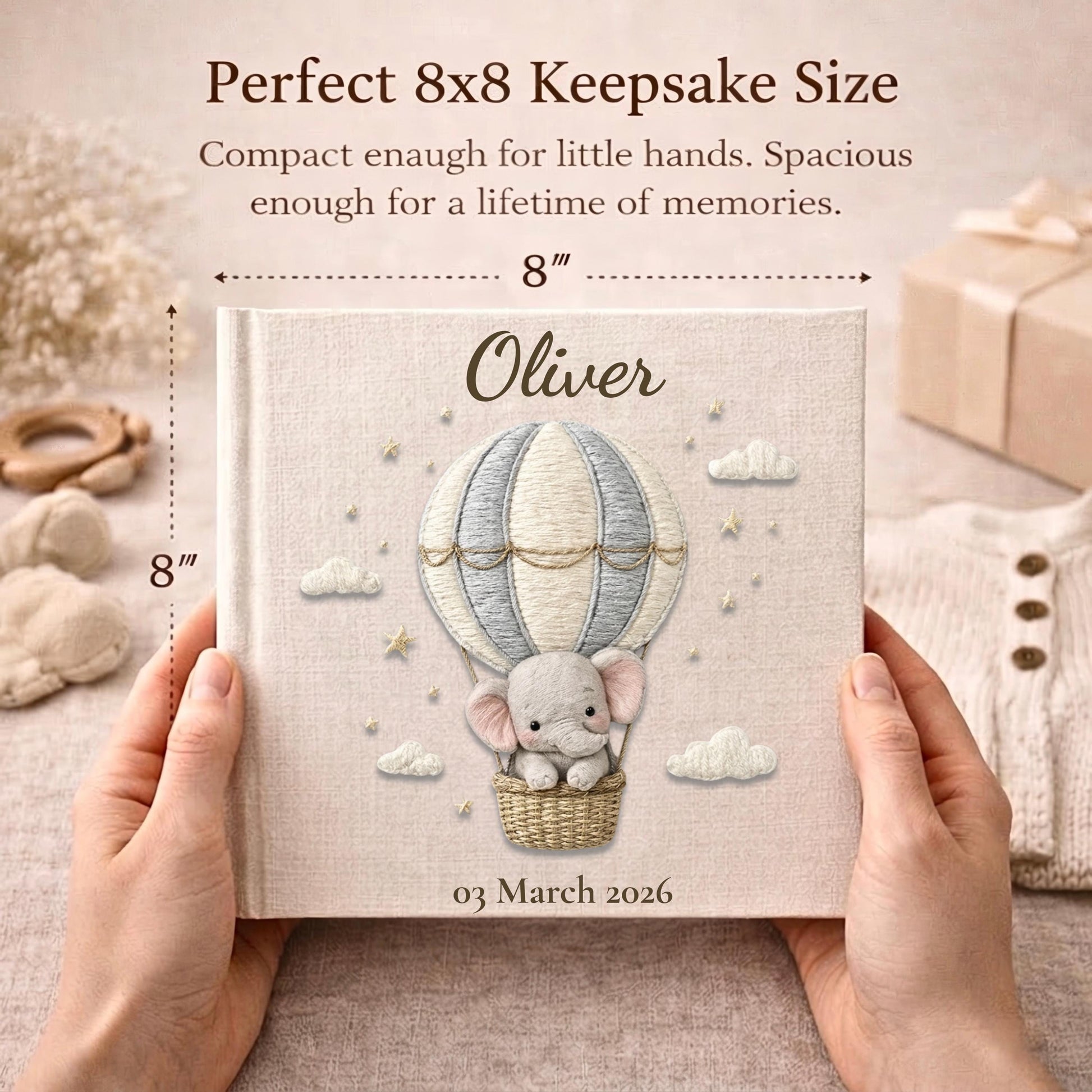 Personalized elephant baby memory album with hot air balloon design, custom name and optional birth date. A neutral nursery keepsake and timeless newborn photo book.