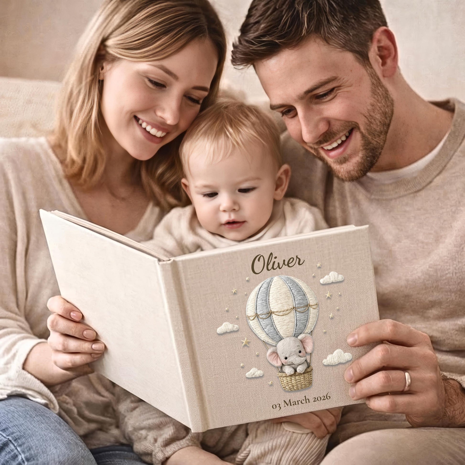 Personalized elephant baby memory album with hot air balloon design, custom name and optional birth date. A neutral nursery keepsake and timeless newborn photo book.