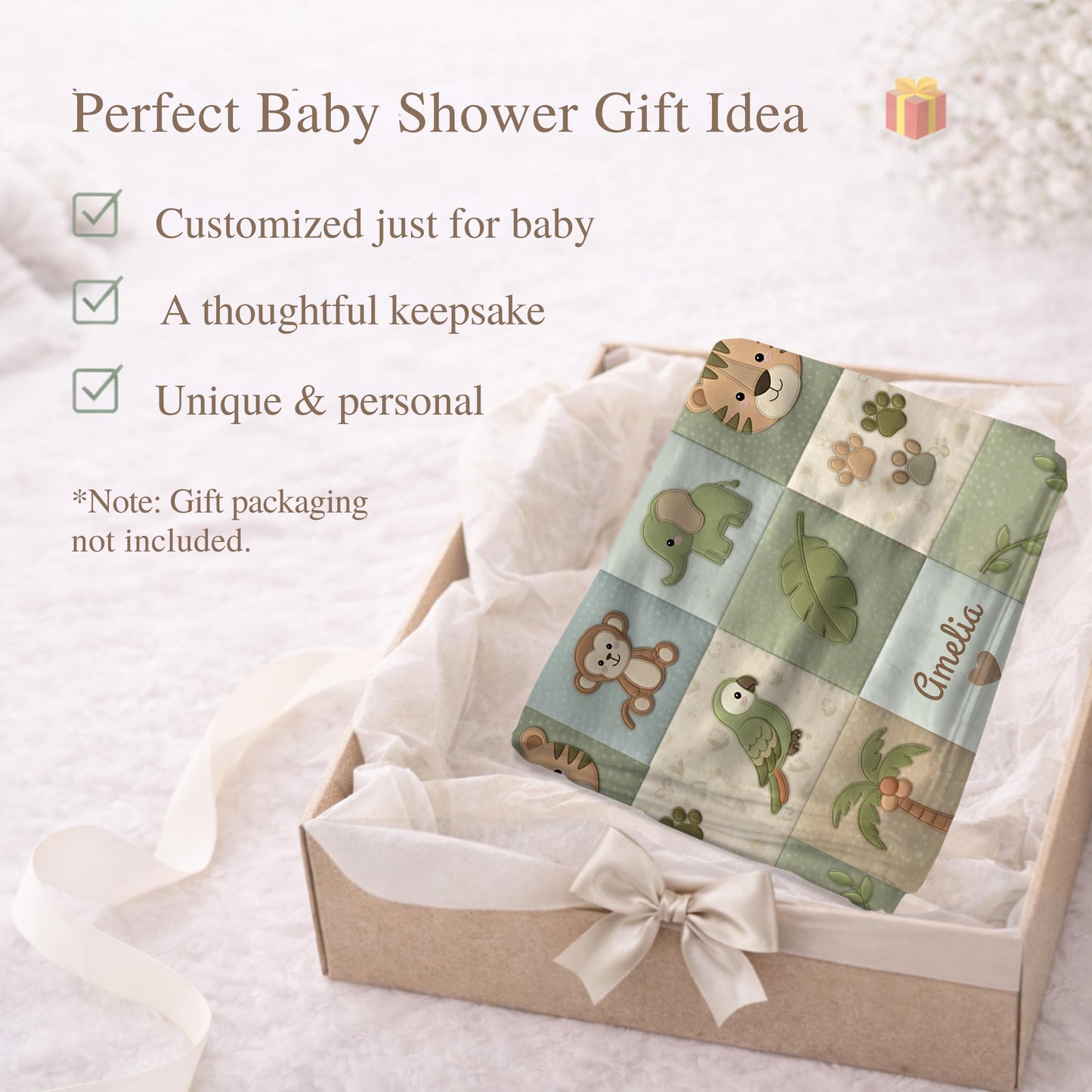 Personalized botanical safari baby blanket with name in embroidered quilt look. Soft greenery design for neutral nursery decor and timeless baby gift.