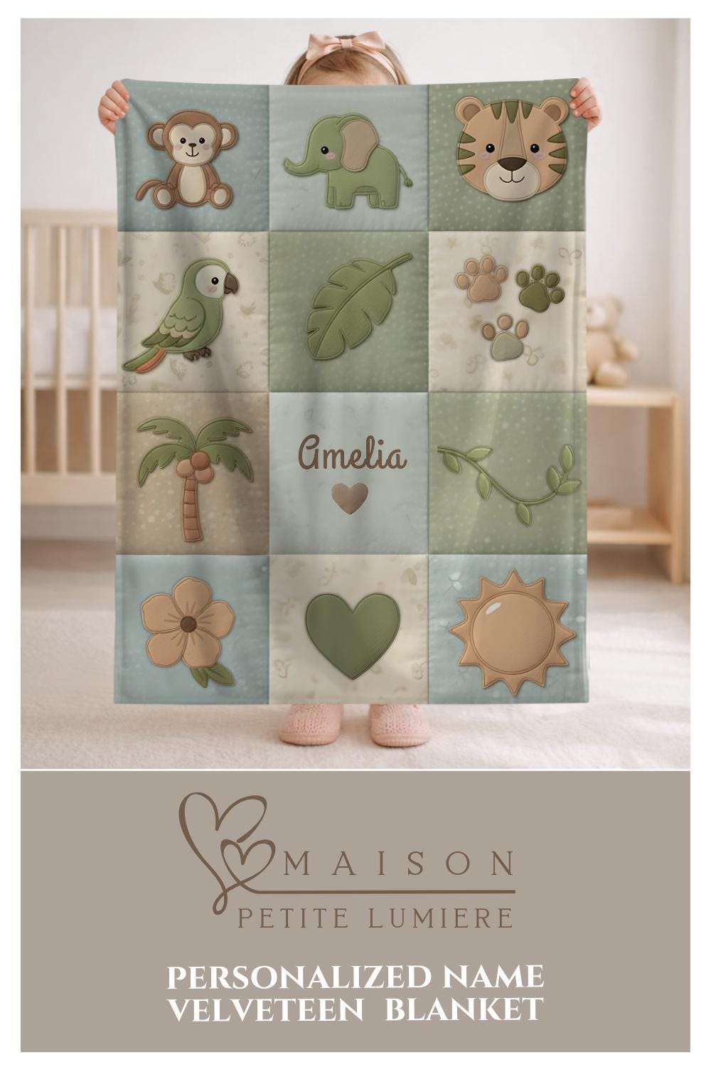 Personalized botanical safari baby blanket with name in embroidered quilt look. Soft greenery design for neutral nursery decor and timeless baby gift.