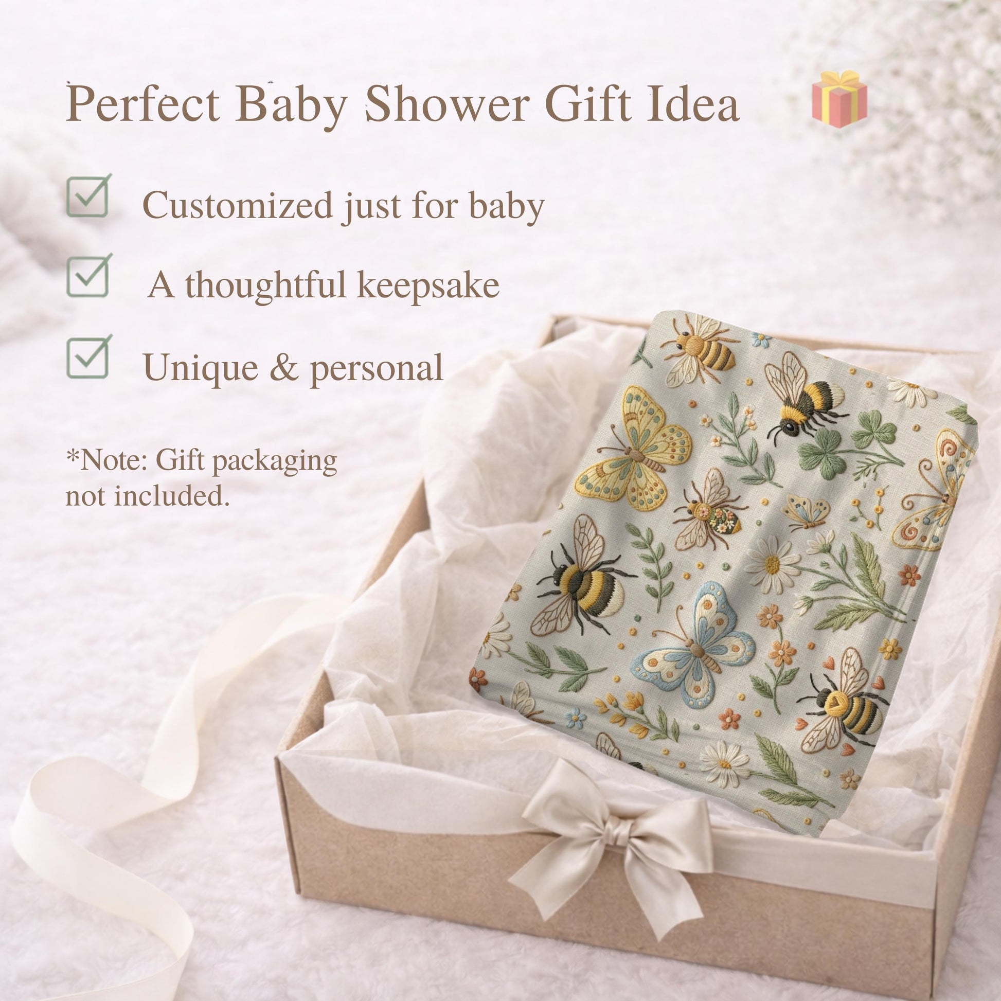 Garden baby blanket in embroidered quilt look. Butterfly and bee botanical design for neutral nursery decor and baby gift.