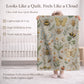 Garden baby blanket in embroidered quilt look. Butterfly and bee botanical design for neutral nursery decor and baby gift.