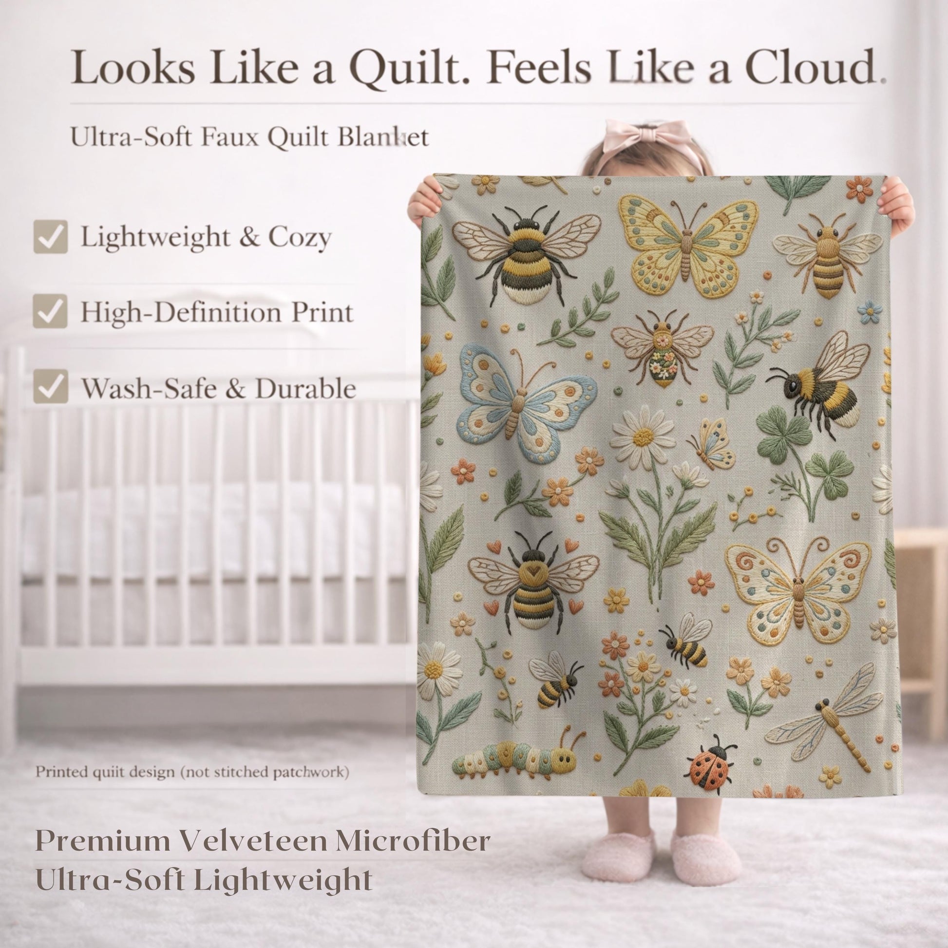 Garden baby blanket in embroidered quilt look. Butterfly and bee botanical design for neutral nursery decor and baby gift.