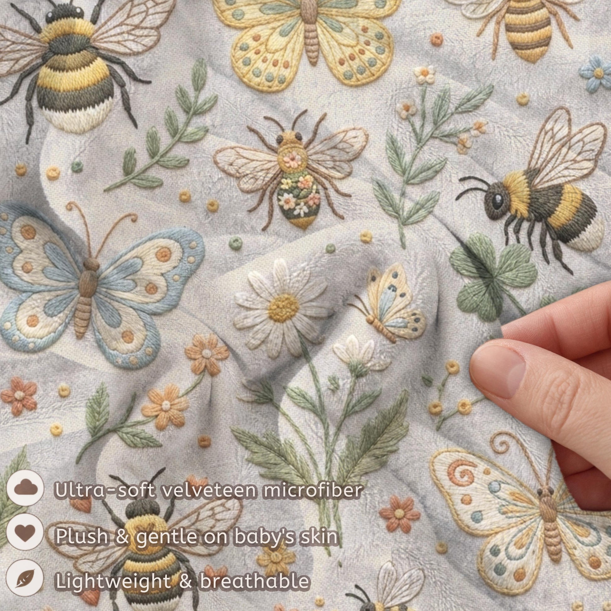 Garden baby blanket in embroidered quilt look. Butterfly and bee botanical design for neutral nursery decor and baby gift.