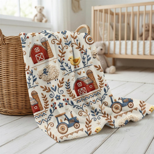 Embroidery Look farm baby blanket in embroidered quilt look. Tractor, barn and sheep design for neutral nursery decor and baby gift.