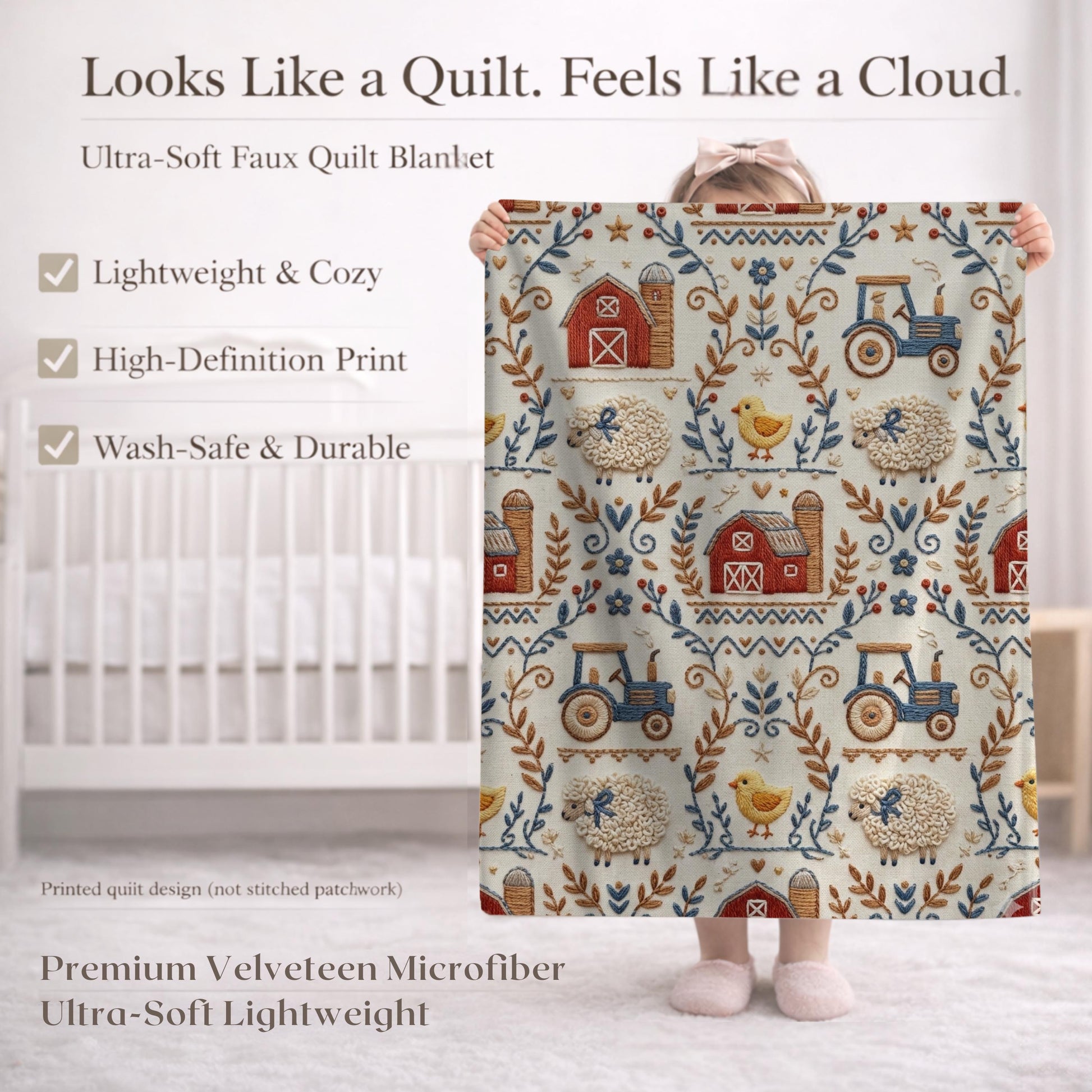Embroidery Look farm baby blanket in embroidered quilt look. Tractor, barn and sheep design for neutral nursery decor and baby gift.