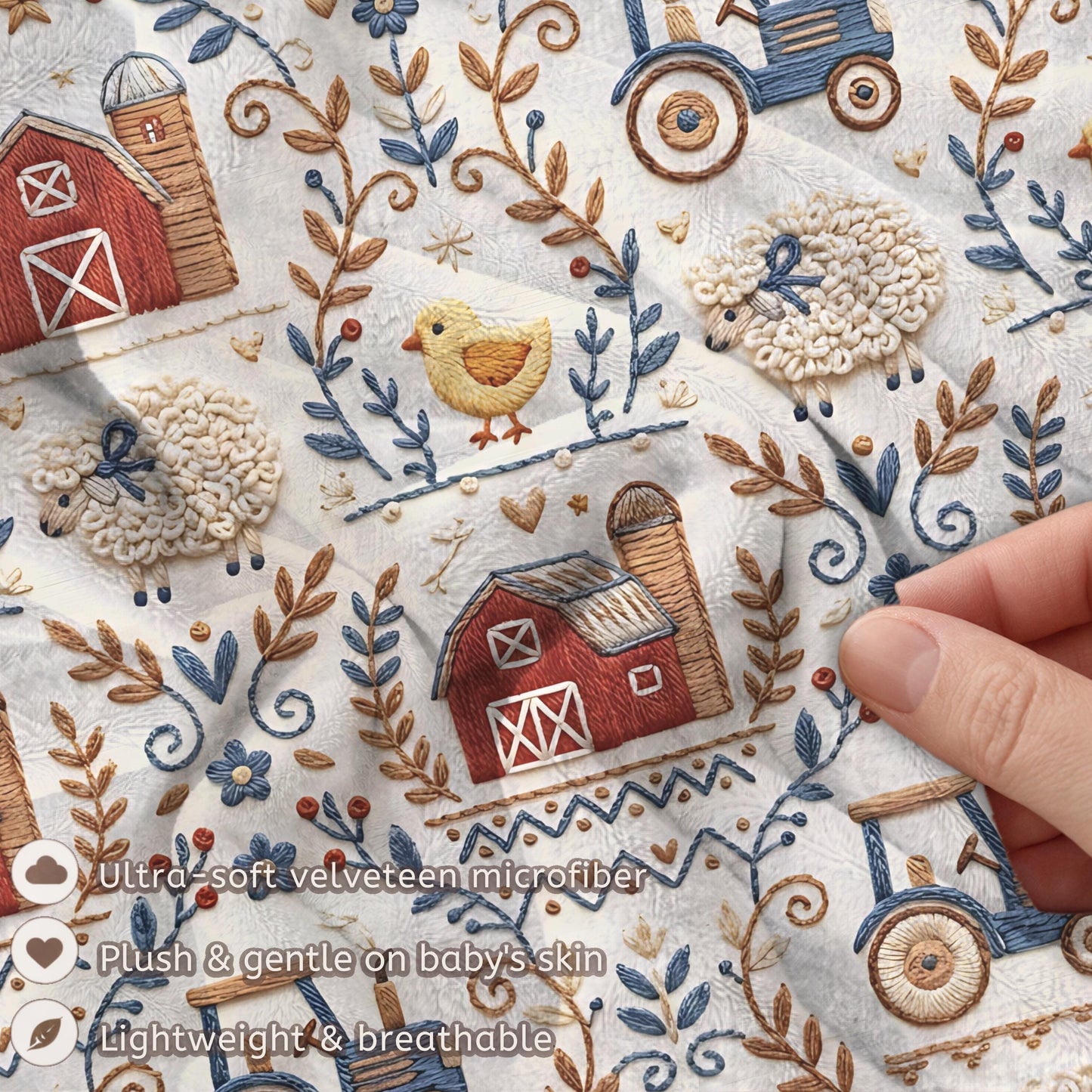 Embroidery Look farm baby blanket in embroidered quilt look. Tractor, barn and sheep design for neutral nursery decor and baby gift.
