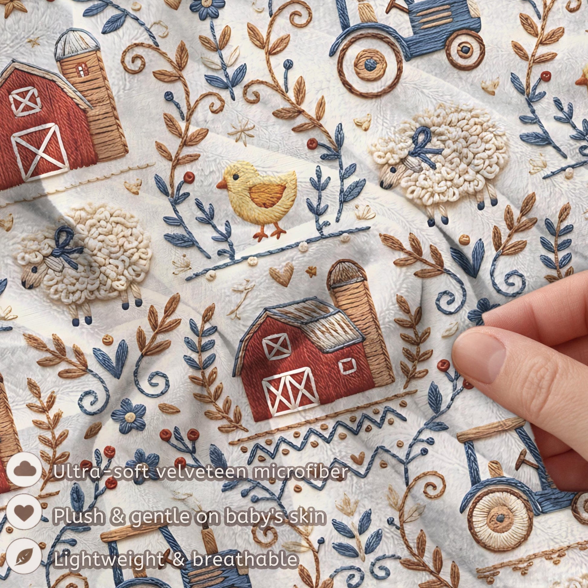 Embroidery Look farm baby blanket in embroidered quilt look. Tractor, barn and sheep design for neutral nursery decor and baby gift.
